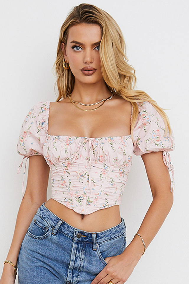 'Gracie' Pink Floral Puff Sleeve Corset Top